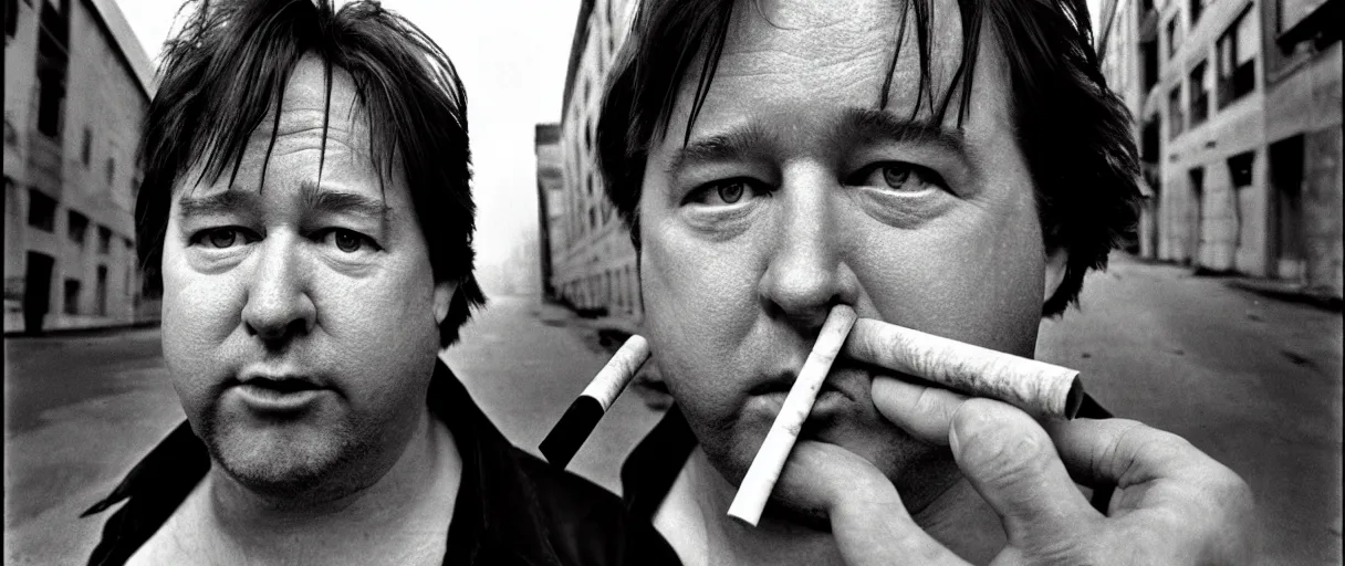 Image similar to award winning photo of bill hicks walking IN THE STREET and smoking weed, vivid colors, happy, symmetrical face, beautiful eyes, studio lighting, wide shot art by Sally Mann & Arnold Newman