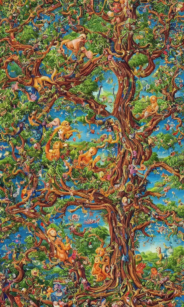 Image similar to an incredibly detailed masterpiece painting of a giant tree by bosch and lisa frank, ornate, beautiful, bold colors, detailed, high resolution, wow!, intricate