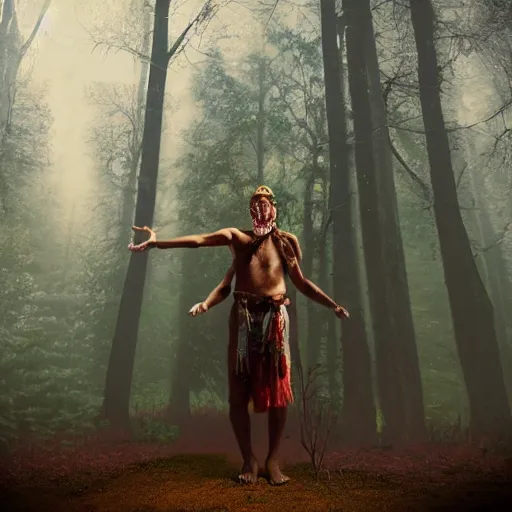 Prompt: a shaman in the woods seeing a vision of the metaverse appear before him. surrealistic realism