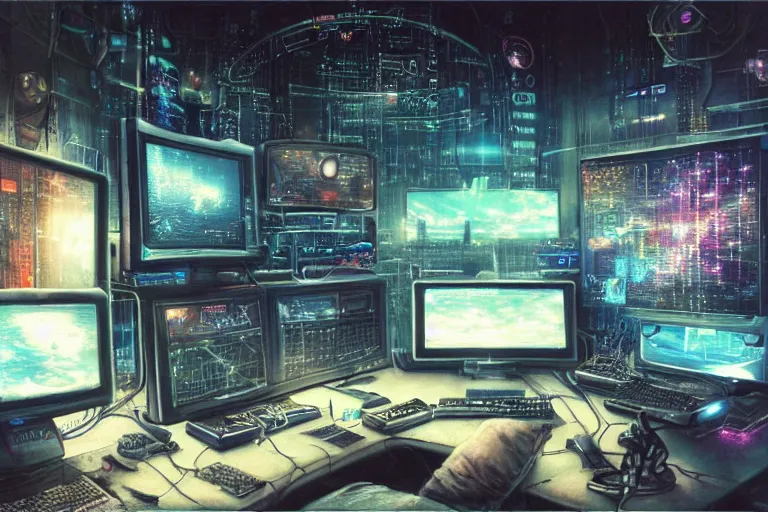 Prompt: a computer room filled with lots of monitors, cyberpunk art by chie yoshii, cgsociety, retrofuturism, greeble, dystopian art, circuitry