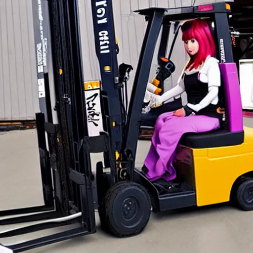 Image similar to a person cosplaying homura akemi operating a forklift