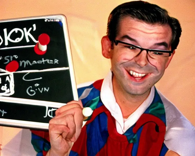 Prompt: Mr. Cookie Masterson, host of 90s trivia game You Don't Know Jack.