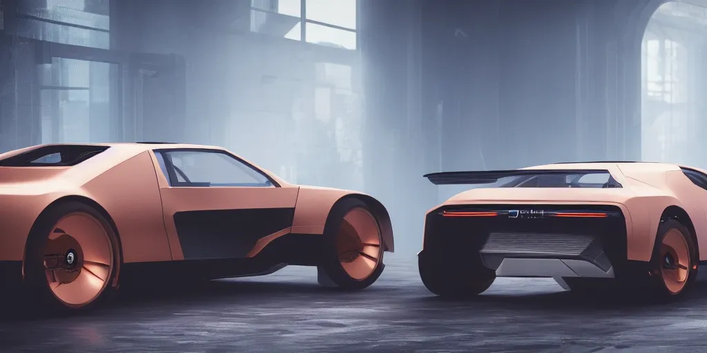 Image similar to a design of a futuristic DMC Delorian, designed by Polestar, blade runner background, back view, light copper car paint, black windows, sportscar, black show room, dramatic lighting, octane rendering, unreal engine rendering, hyper realistic render, depth of field, octane rendering