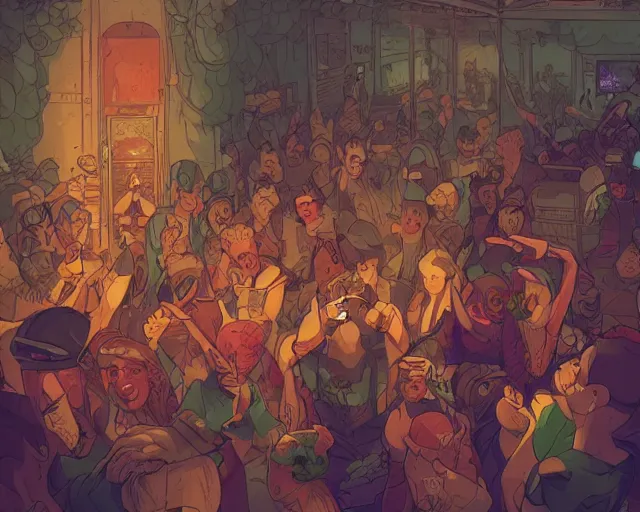 Prompt: a study of cell shaded cartoon of elves raving in a nightclub, illustration, wide shot, subtle colors, post grunge, concept art by josan gonzales and wlop, by james jean, Victo ngai, David Rubín, Mike Mignola, Laurie Greasley, highly detailed, sharp focus, alien, Trending on Artstation, HQ, deviantart, art by artgem