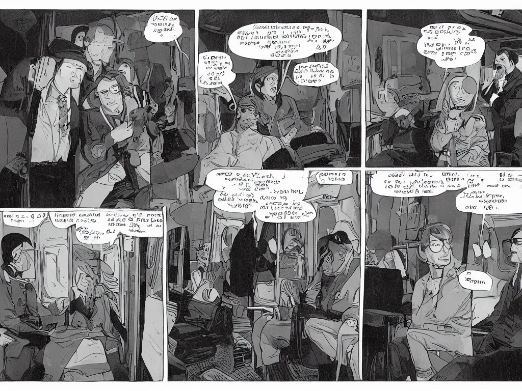 Image similar to a single comic panel by Daniel Clowes, 3/4 low angle view wide shot of two people sitting in an empty Chicago subway train, in front of windows: a sad Aubrey Plaza in a parka and a friendly Mads Mikkelsen in a suit