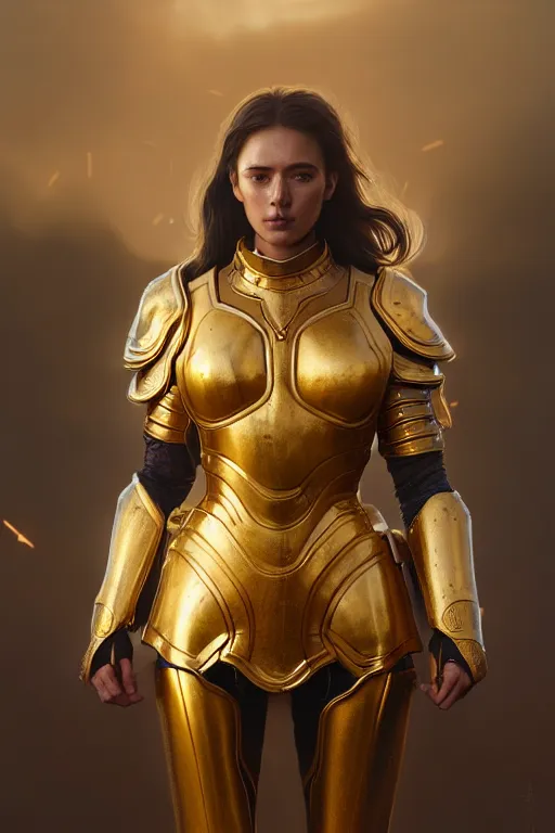 Prompt: professional digital art of a hyper realistic and highly detailed woman beautiful golden armor. accurate rending of one woman in armor. greg rutkowski, zabrocki, karlkka, jayison devadas, intricate, trending on artstation, 8 k, unreal engine 5, pincushion lens effect