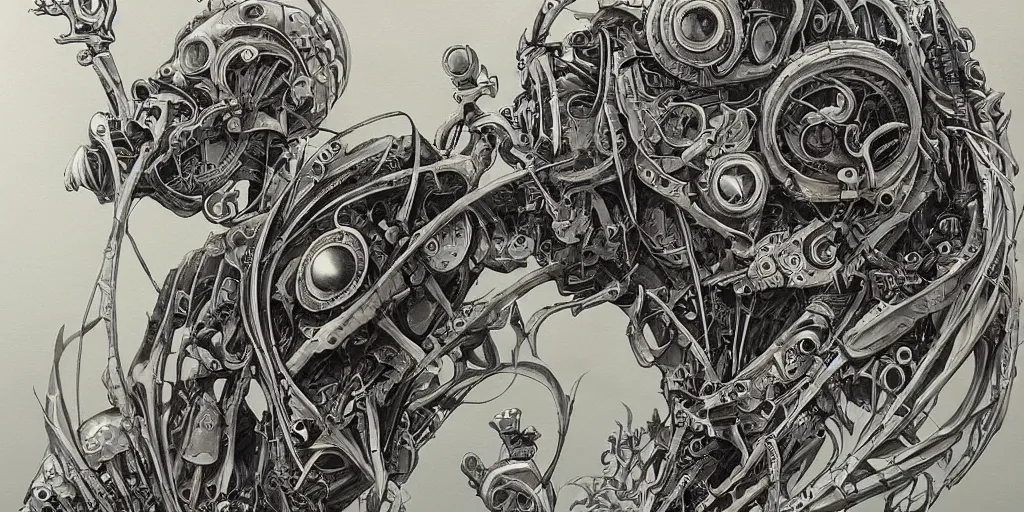 Prompt: a beautiful painting of robot by aaron horkey, trending on artstation, skeleton