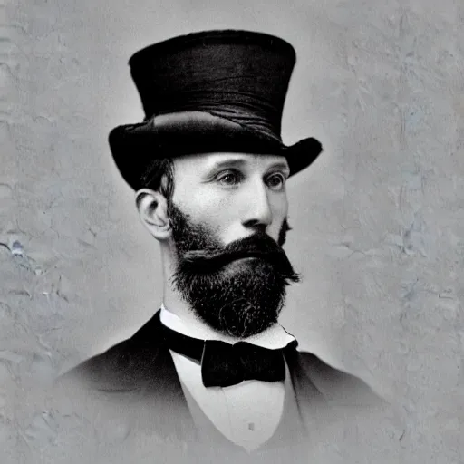 Image similar to A photograph portrait of Jerma985 in the mid-late 1800s with a top hat and beard, taken in the mid-late 1800s, grainy, taken on a Field View Camera, realistic, hyperrealistic, very realistic, highly detailed, very detailed, extremely detailed, detailed, digital art, trending on artstation