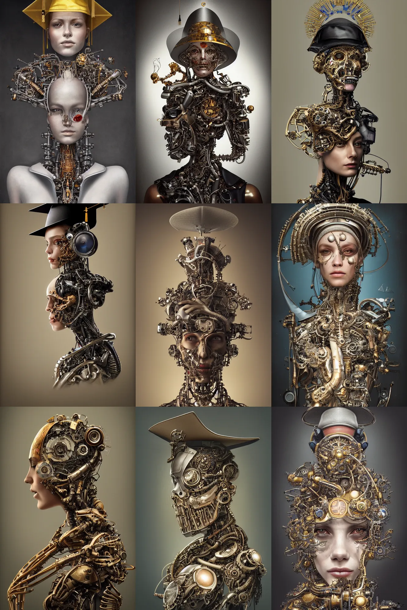 Prompt: a beautiful ultra detailed fine art portrait of a biomechanical cyborg wearing a graduation hat, by tom bagshaw and alexander mcqueen, studio lighting, graduation ceremony, golden ratio composition, 3 5 mm lens, deep depth of field, artstation, 8 k