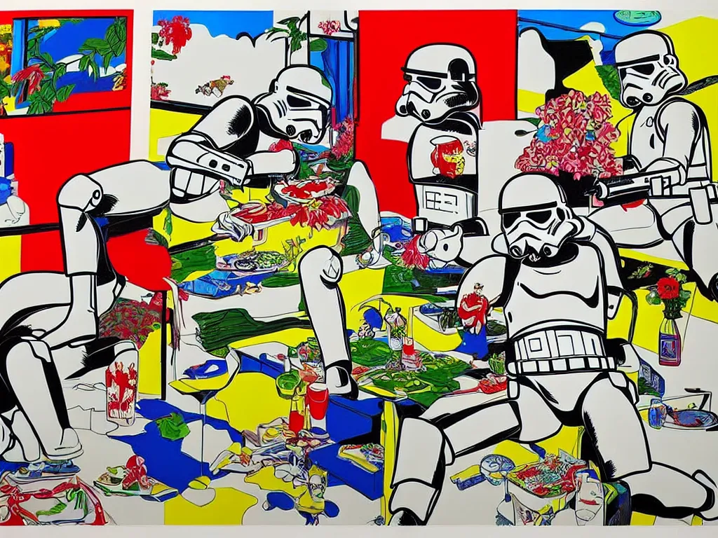 Image similar to hyperrealism composition of the asian home with a garden, detailed stormtrooper in hot springs, pop - art style, jacky tsai style, andy warhol style, roy lichtenstein, acrylic on canvas