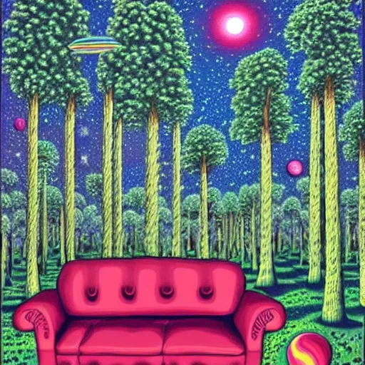 Prompt: psychedelic trippy raspberry pine forest, planets, milky way, sofa, cartoon by rob gonsalves