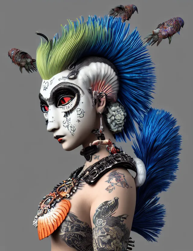 Image similar to 3 d goddess close - up profile portrait punk with mohawk with ram skull. beautiful intricately detailed japanese crow kitsune mask and clasical japanese kimono. betta fish, jellyfish phoenix, bio luminescent, plasma, ice, water, wind, creature, artwork by tooth wu and wlop and beeple and greg rutkowski