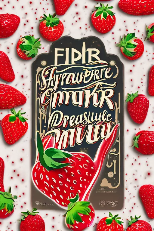 Prompt: a hyperdetailed exquisite delicate strawberry and floating milk fluid poster, plane illustration, conceptual art, fight with strawberries, t op milk brands, 4 k hd wallpaper illustration, package cover, golden curve composition