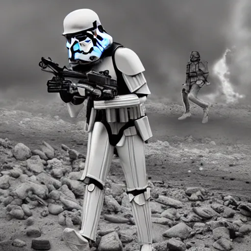 Image similar to war photography, the falling soldier, imperial stormtrooper, moment of death frozen in time, by blasterfire, groundbreaking, breathtaking, awardwinning, digital art, intricate, hyperrealist, detailed, 8 k, 3 5 mm, canon, extreme long shot
