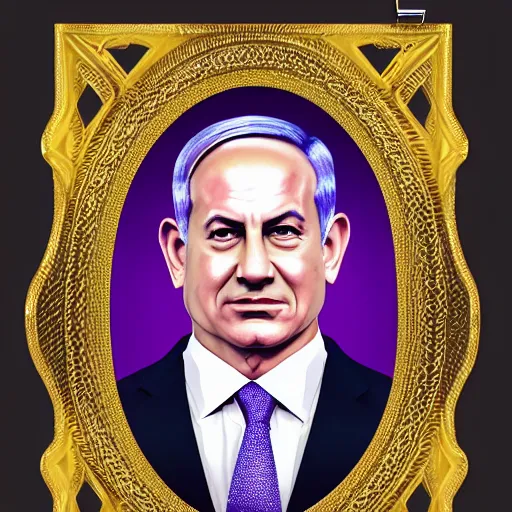 Prompt: breathtaking symmetrical portrait of benjamin netanyahu wearing golden otherworldly purple jewels and a white robe, studio lighting, dynamic lighting, sharp, 4 k, trending on artstation