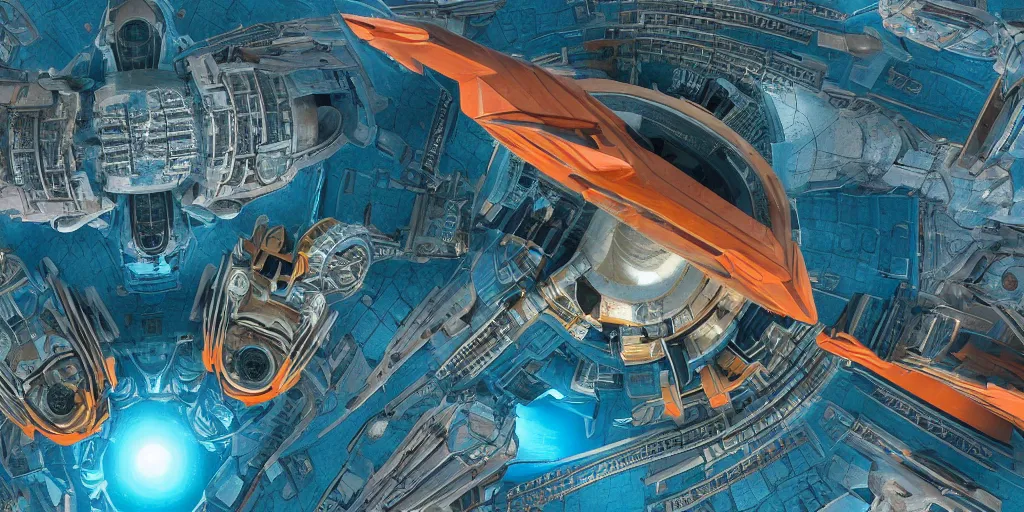 Image similar to cinematic still of hyper detailed realistic highly technical greeble hard surface modelled afro futurist spaceport designed by frank lloyd wright architect, surreal flying aircraft, deep perspective, wide angle, insanely detailed and intricate, teal gold and orange color scheme,