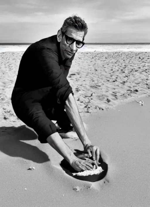 Prompt: jeff goldblum with a finger in a banana on the sand of a beach