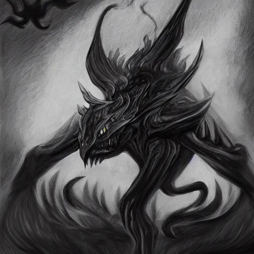 Image similar to full body grayscale drawing by Anato Finnstark of wingless balrog in heroic pose, swirling flames