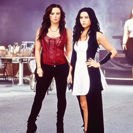 Image similar to close-up of Demi Lovato as Piper Halliwell and Selena Gomez as Phoebe Halliwell and Ariana Grande as Prue Halliwell in a Charmed movie directed by Christopher Nolan, movie still frame, promotional image, imax 35 mm footage