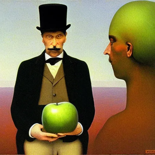 Prompt: Victorian gentlemen wearing a bowler hat behind the green apple, by beksinski and magritte