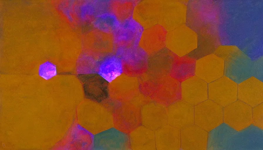 Prompt: the sun, blocked by a hexagon in space, painting