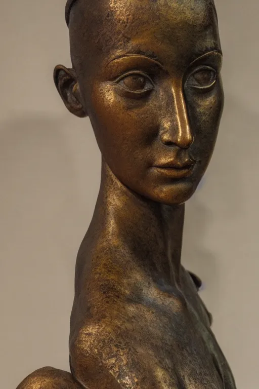 Image similar to detailed photo of famous old bronze patina statue of woman, various poses, photorealism, intricate detail, a few light reflexions, museum diffuse lighting