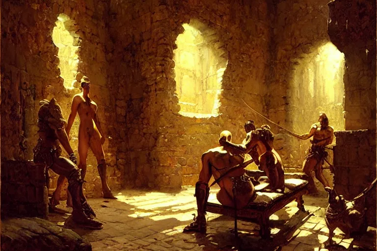Prompt: dungeon, painting by gaston bussiere, craig mullins, j. c. leyendecker, tom of finland