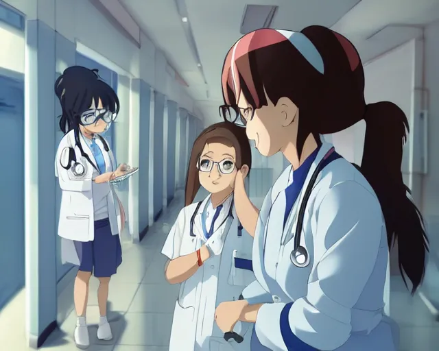 Image similar to a cute young female doctor wearing white coat are talking to a little girl in a hospital, slice of life anime, lighting, anime scenery by Makoto shinkai