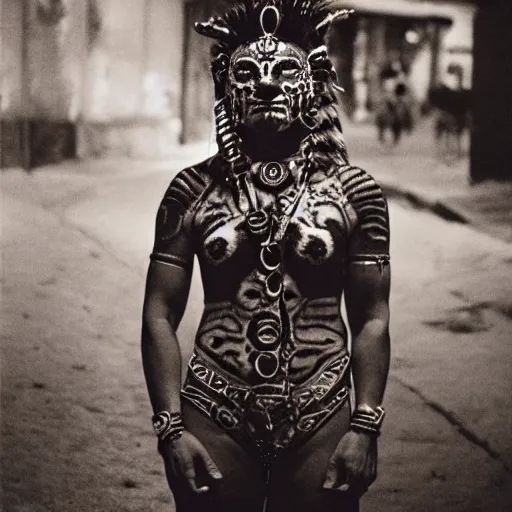 Prompt: empty street, female mayan jaguar warrior, portrait, at night, by nan goldin, cinematography by quetzalcoatl