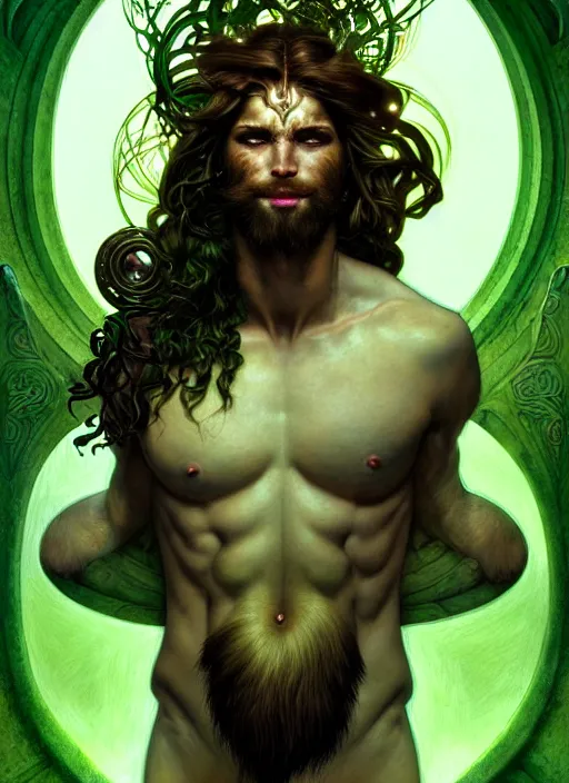 Image similar to portrait of demigod hercules, long wavy auburn hair, wild boar hide, glowing eyes, volumetric lights, green scheme, art nouveau botanicals, gothic, intricate, highly detailed, digital painting, artstation, concept art, smooth, sharp focus, symmetric face, illustration, steampunk, art by artgerm and greg rutkowski and alphonse mucha