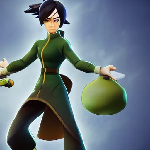 Image similar to toph beifong in fortnite closing her eyes, character render, full body shot, highly detailed, in game render