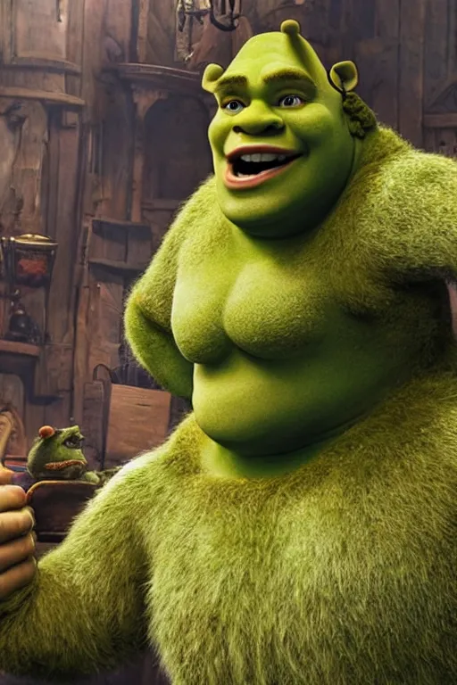 Prompt: Chris Pratt as Shrek in live action adaptation, set photograph in costume, cosplay