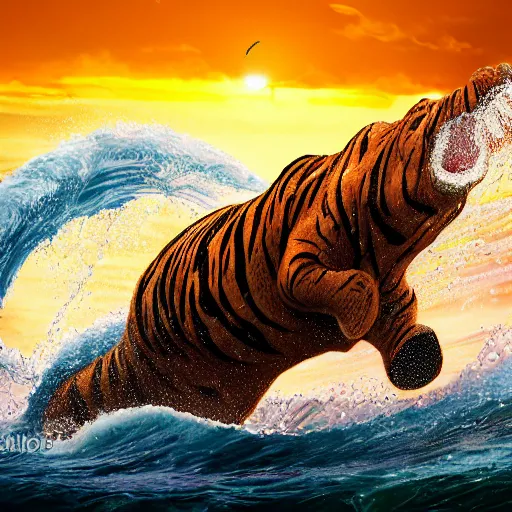 Prompt: a closeup photorealistic photograph of an energetic knitted tiger hippopotamus riding a large wave during sunset. surf in the background. professional capture. brightly lit scene. this 4 k hd image is trending on artstation, featured on behance, well - rendered, extra crisp, features intricate detail, epic composition and the style of unreal engine.