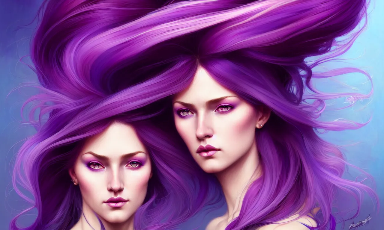 Image similar to Portrait of a woman with bright colored flying hair, all shades of purple. Hair coloring, amber eyes, face, long hair, fantasy, intricate, elegant, highly detailed, digital painting, artstation, concept art, smooth, sharp focus, illustration, art by artgerm and greg rutkowski and alphonse mucha