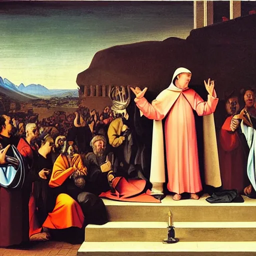 Prompt: moon pope ( anti pope ) holding a speech to his missionaries in first luna city looking towards the small earth, twenty - third century, neo - classicism, oil painting, intricate, caravaggio