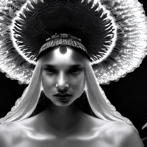 Image similar to mushroom goddess with extremely elegant headdress with group of elders in a ceremony for plant medicine, beautiful, hiroya oku, yoshitaka amano, alex grey, black and white, beautiful lighting, cinematic still, quantum gravity 3 d render, 8 k