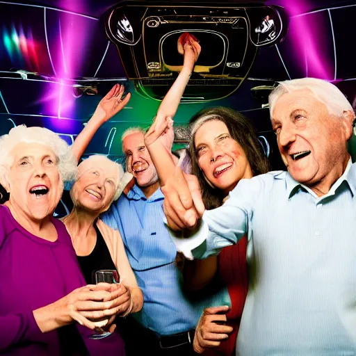 Prompt: old people in a nightclub, airplane background, 4k