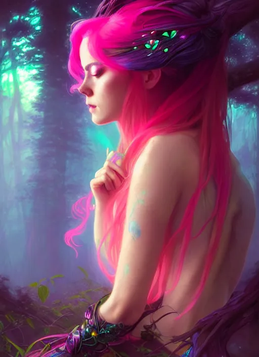 Prompt: stunningly beautiful female neon and neon hair, fantasy art, fae priestess, lush forest landscape, dark light night, sharp focus, digital painting, 4 k, concept art, art by wlop, artgerm, greg rutkowski and alphonse mucha