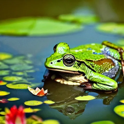 Prompt: close - up of a frog wearing a small crown, in the pond with water lilies, shallow depth of field, highly detailed, autumn, rain, bad weather, ominous, digital art, masterpiece, matte painting, sharp focus, matte painting, by isaac levitan, by monet, asher brown durand,