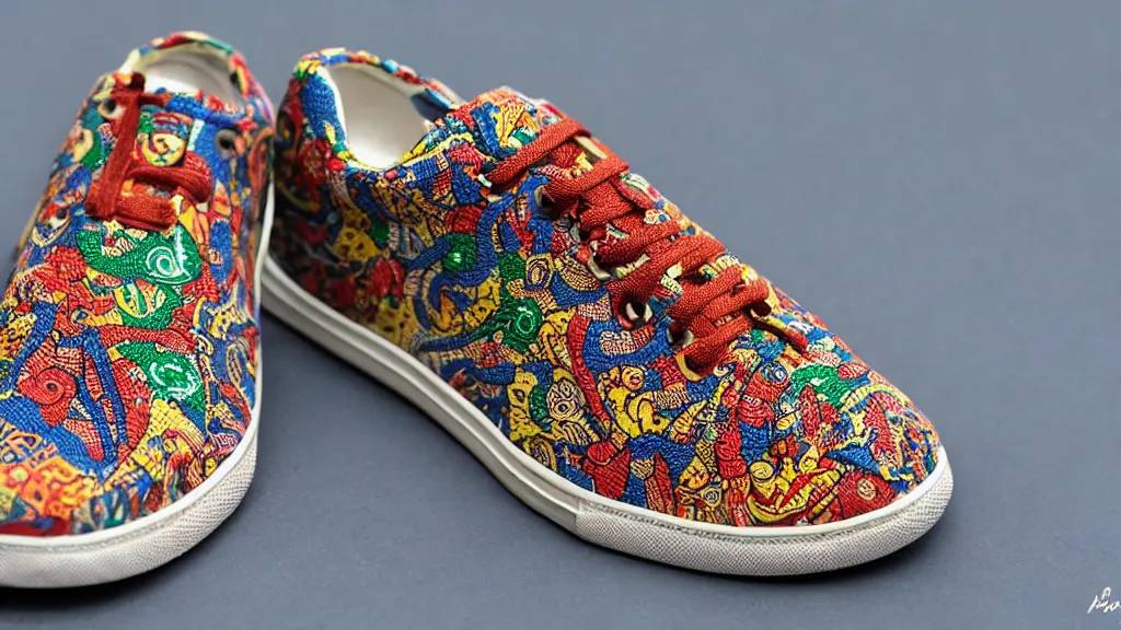 Prompt: sneaker made out of lego, kalamkari