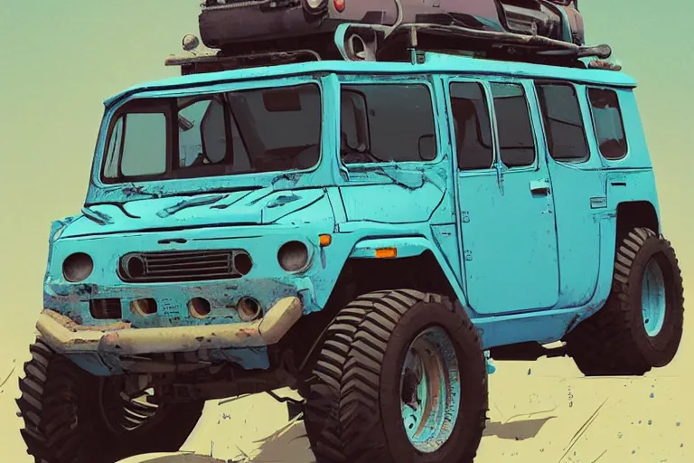 Image similar to digital illustration of a futuristic faded cyan mad max's fj 4 0 decrepit!!!! pursuit special, rusty!!! cyberpunk nissan fj cruiser heavily modded 1 9 9 0 s, the last v 8 interceptor by makoto shinkai, ilya kuvshinov, lois van baarle, rossdraws, basquiat