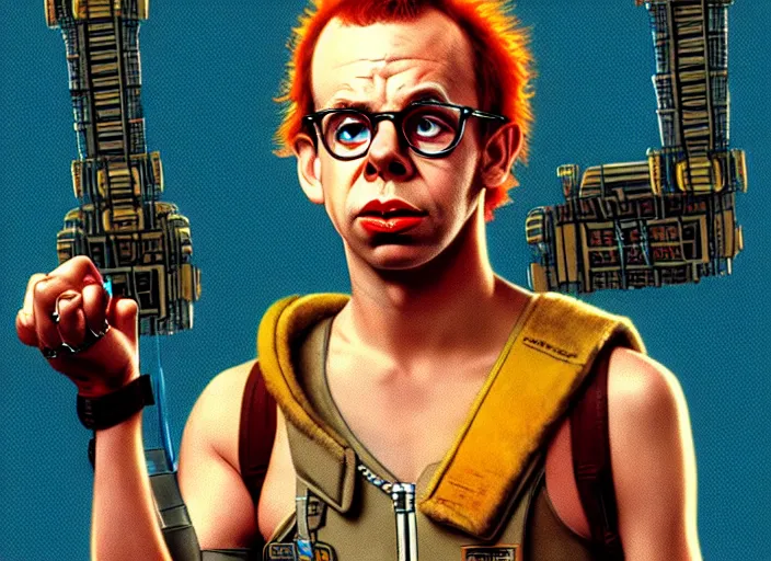 Image similar to young rick moranis in the fifth element, far future, highly detailed, trending on artstation, intricate, cinematic composition, by rutkowski