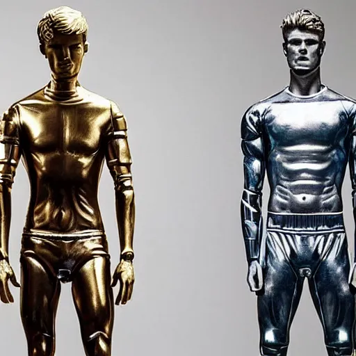 Image similar to a realistic detailed photo of a guy who is an attractive humanoid who is half robot and half humanoid, who is a male android, soccer players martin ødegaard & timo werner, shiny skin, posing like a statue, blank stare, in a museum, on display, showing off his muscles, gold soccer shorts, no jersey, side to side, statue