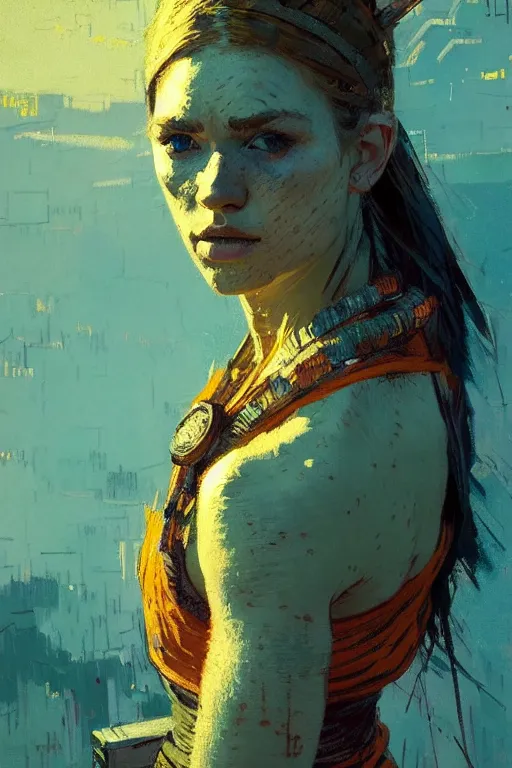 Image similar to portrait of a beautiful viking female, complementary colors, beautiful face, rule of thirds, intricate outfit, spotlight, by greg rutkowski, by jeremy mann, by francoise nielly, by van gogh, digital painting