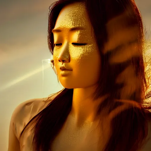 Prompt: asian female face melting in golden glass, hypperrealistic 3 d sculpture, bokeh, long exposure, close up portrait, epic light, clouds, god rays, heaven