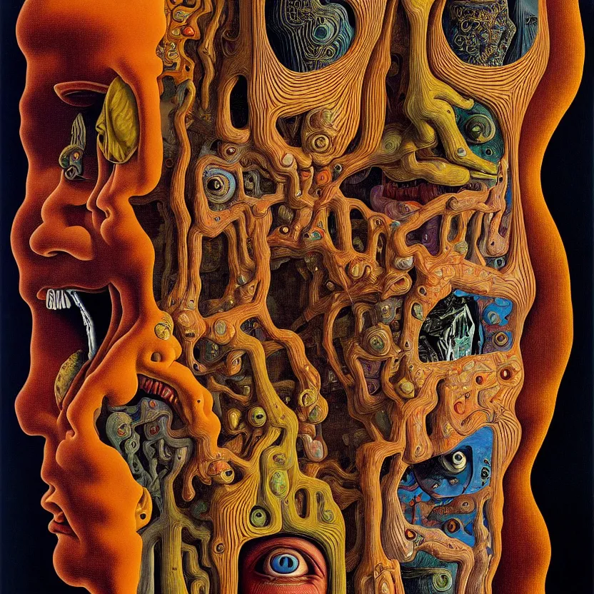 Image similar to a face coming out of a face coming out of a face coming out of a face, recursion, fractals, surreal, by salvador dali and mc escher and max ernst, oil on canvas, weird, dreams, fantasy, intricate details, soft lighting, warm colors