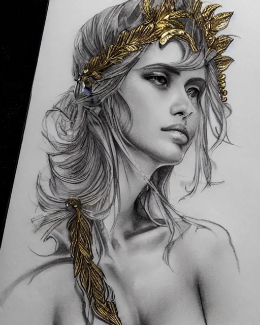 Prompt: tattoo sketch of beautiful super model aphrodite greek goddess wearing a gold laurel wreath and triangle earrings, beautiful piercing gaze with sharp pupils, beautiful blonde hair, in the style of greg rutkowski, fantasy, amazing detail, epic, elegant, smooth, sharp focus, front view