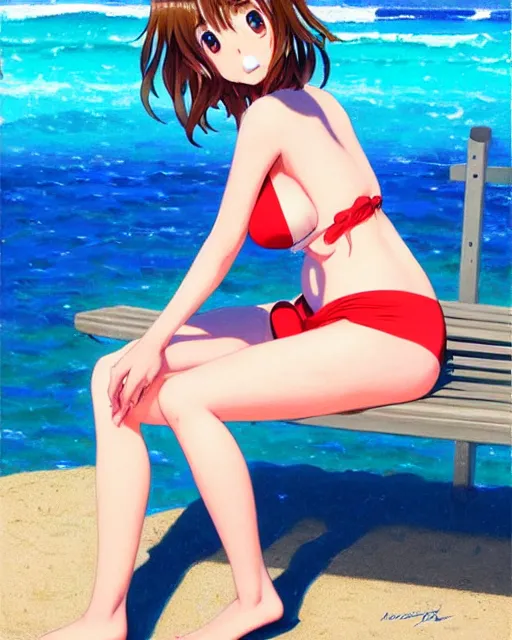 Image similar to girl in bikini sitting on the bench near the sea | very anime!!!, fine face, audrey plaza, realistic shaded perfect face, fine details. anime. strong realistic shaded lighting poster by ilya kuvshinov katsuhiro otomo ghost, magali villeneuve, artgerm, jeremy lipkin and michael garmash and rob rey