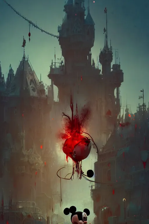 Image similar to mickey mouse bloody head being repaired by mechanics, made by beeple, greg rutkowski, alphonse mucha. cgsociety, unreal engine, octane render, highly detailed 4 k art, smooth, sharp focus, cinematic lighting, volumetric lighting, artstation,