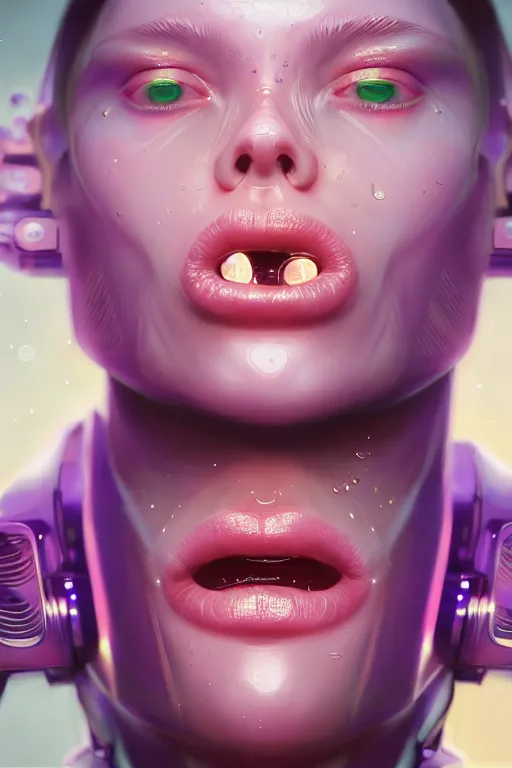 Prompt: attractive female i robot sticking tongue out sensually and sweating, close - up portrait, intricate, elegant, purple volumetric lighting, scenery, digital painting, highly detailed, artstation, sharp focus, illustration, concept art, luis rollo, ruan jia, steve mccurry, john berkey